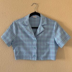 Brandy Melville J. Galt Cropped Plaid Button-Up Top in Light Blue & Teal